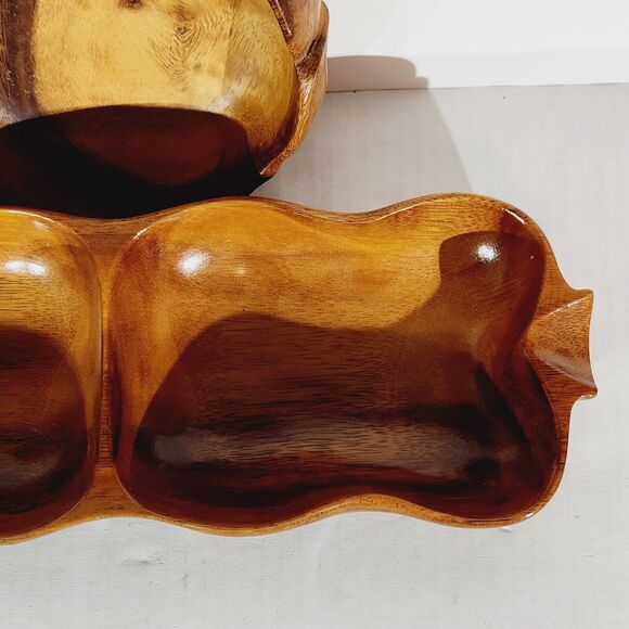 Monkey Pod Hawaiian Wood Lot of 2 Divided Serving Dish Flower Bowl Hand Carved - Picture 3 of 11